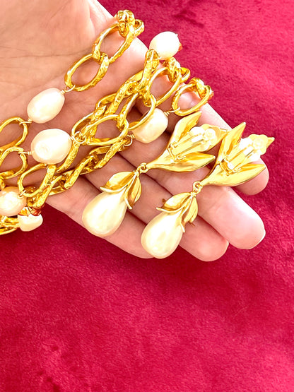 Elegant Gold Plated Jewelry Set Freshwater Pearl Necklace & Drop Earrings Haute Couture Style