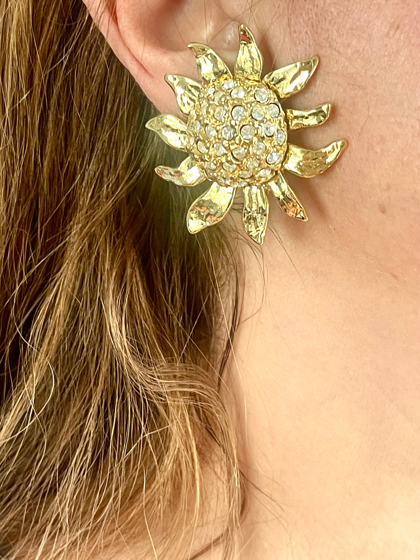 Vintage Yves Saint Laurent Sun Crystal Earrings – Gold Tone
