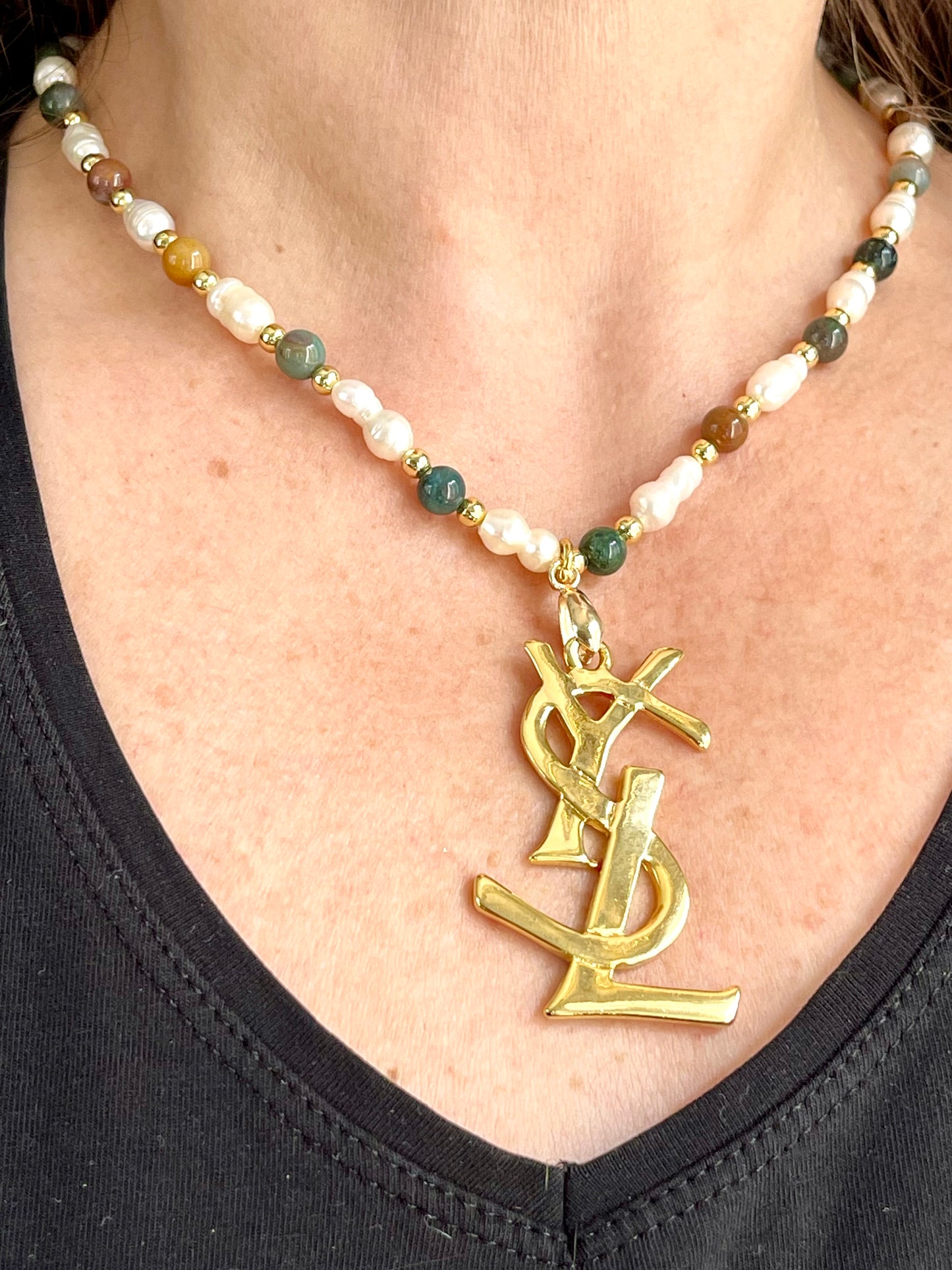 YSL Refurbished Enameled Gold Vintage Charm Pendant Pearl Necklace