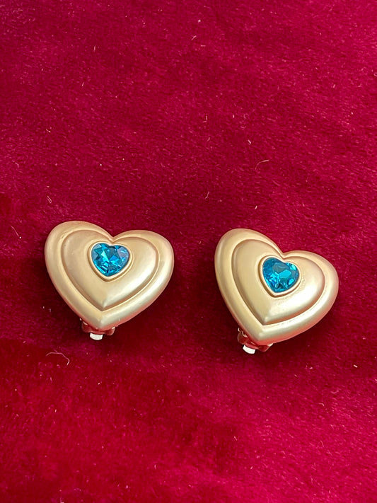 Boucles d'Oreilles Coeur Or Strass Coeur Bleu