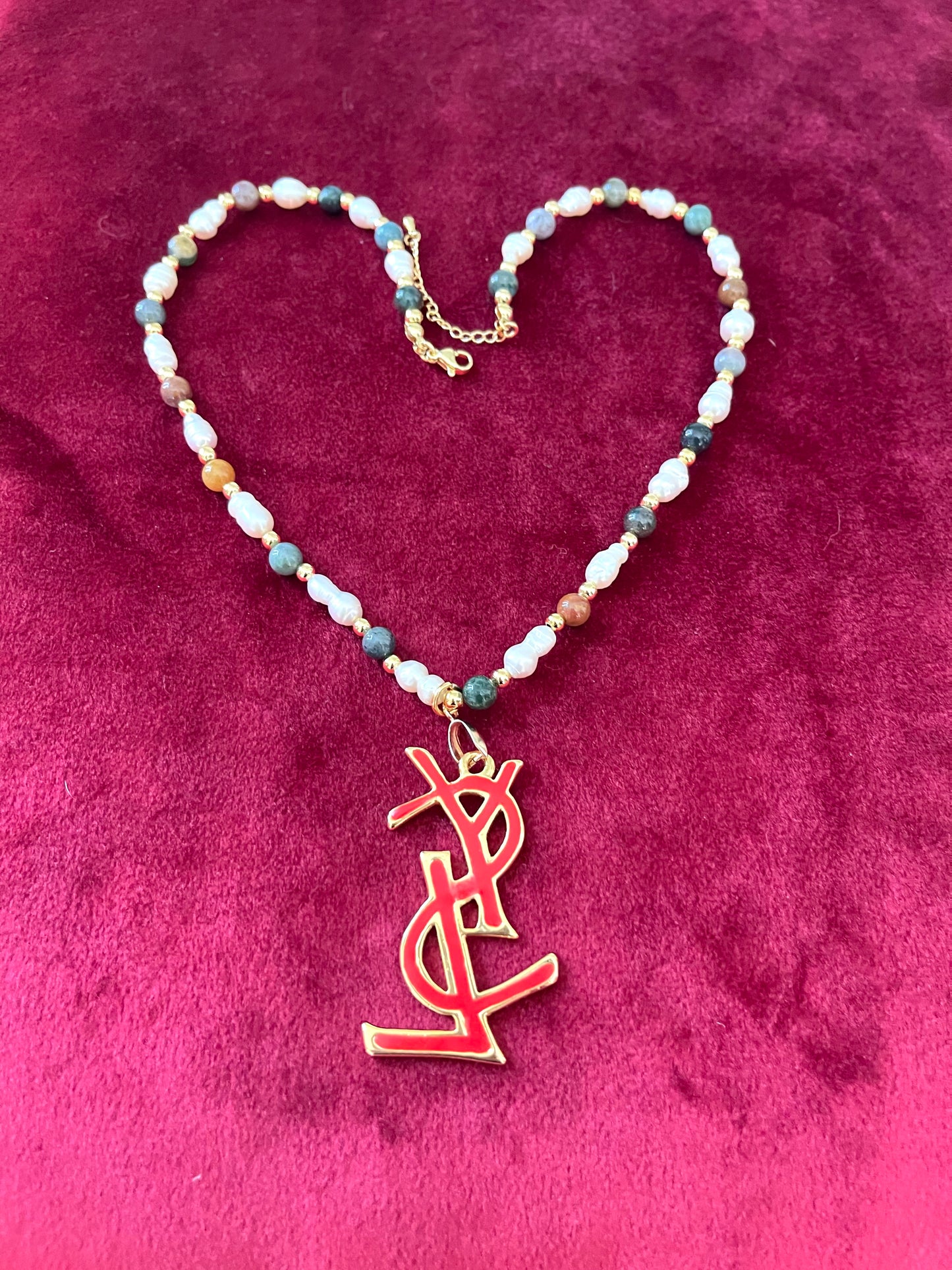 YSL Refurbished Enameled Gold Vintage Charm Pendant Pearl Necklace