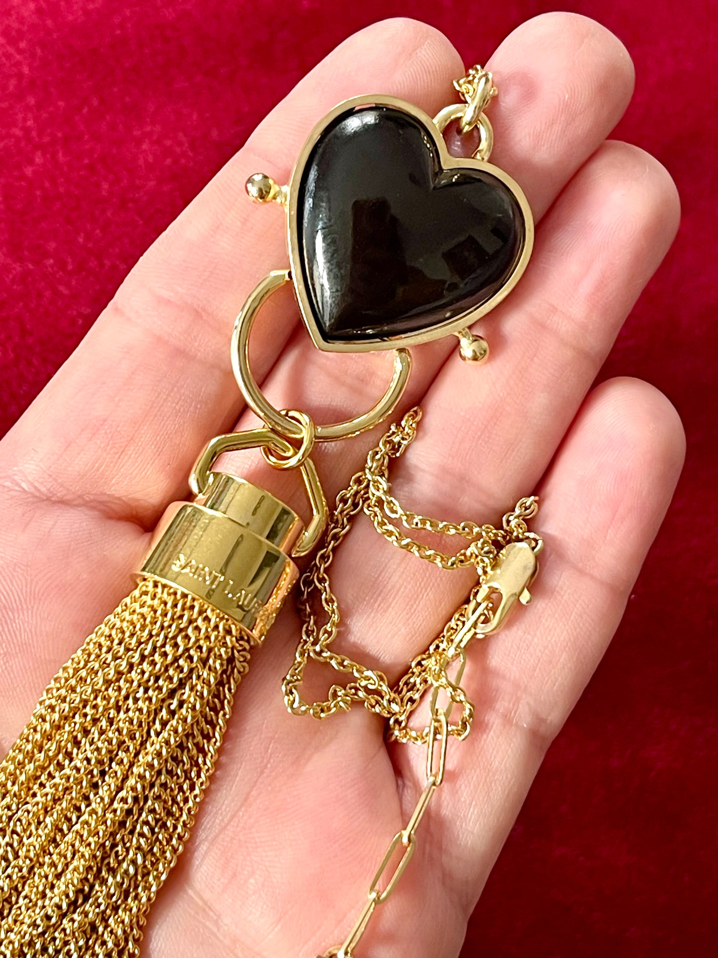 Mutton Collet Black Resin Heart Necklace with Attached Saint Laurent Tassel Charm
