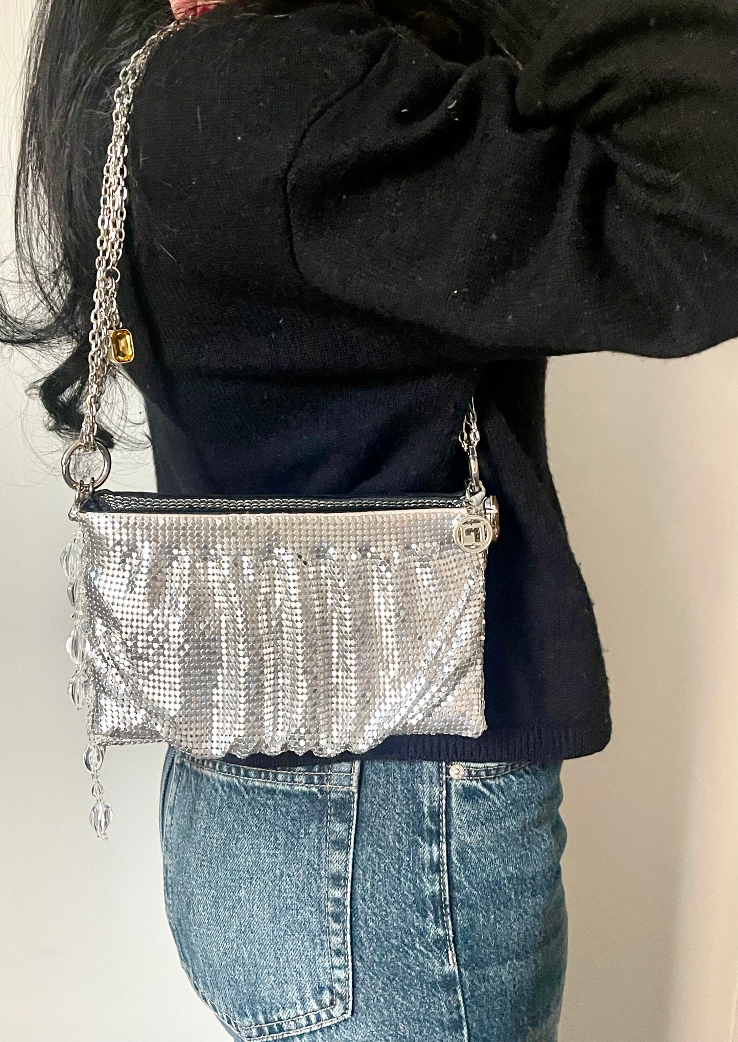 One of a kind handmade Paco Rabanne repurposed silver pixel mesh bag Worn by model 