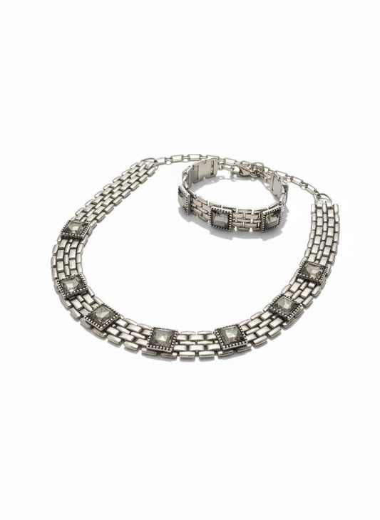 Vintage 1980s Paco Rabanne silver-tone bracelet and adjustable grey rhinestone necklace set