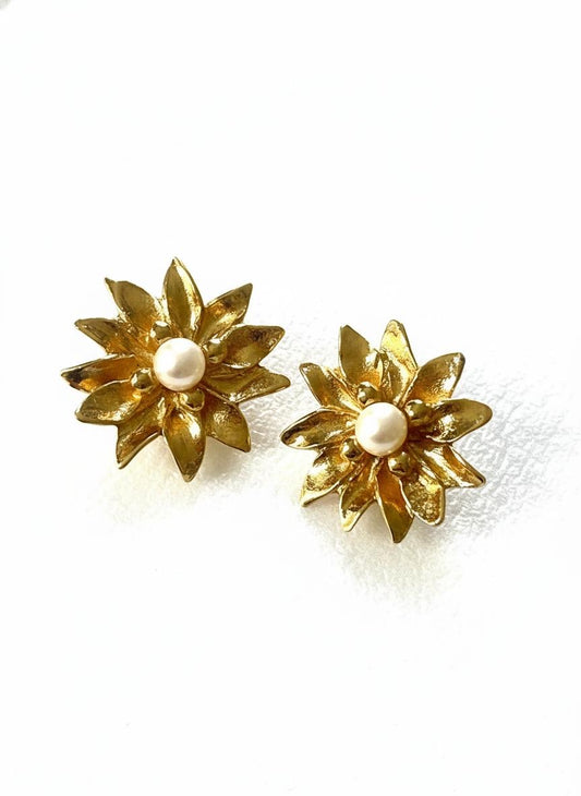 Vintage Yves Saint Laurent gold-tone floral earrings with pearl center, signed YSL Made in France, 1980s designer jewelry.