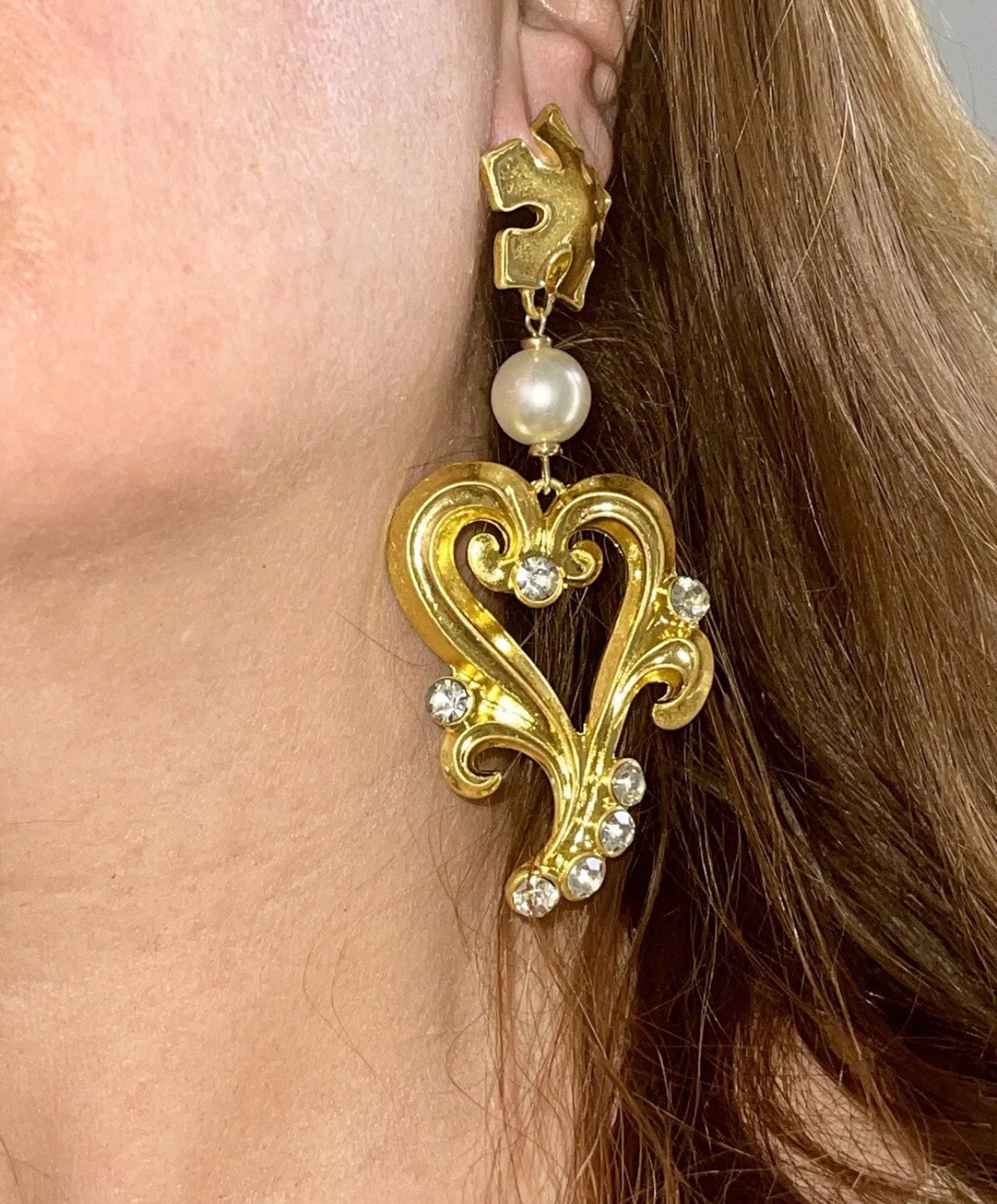 Arty Gold Heart Pearl Rhinestones Earrings Style Vintage Christian Lacroix Yves Saint Laurent