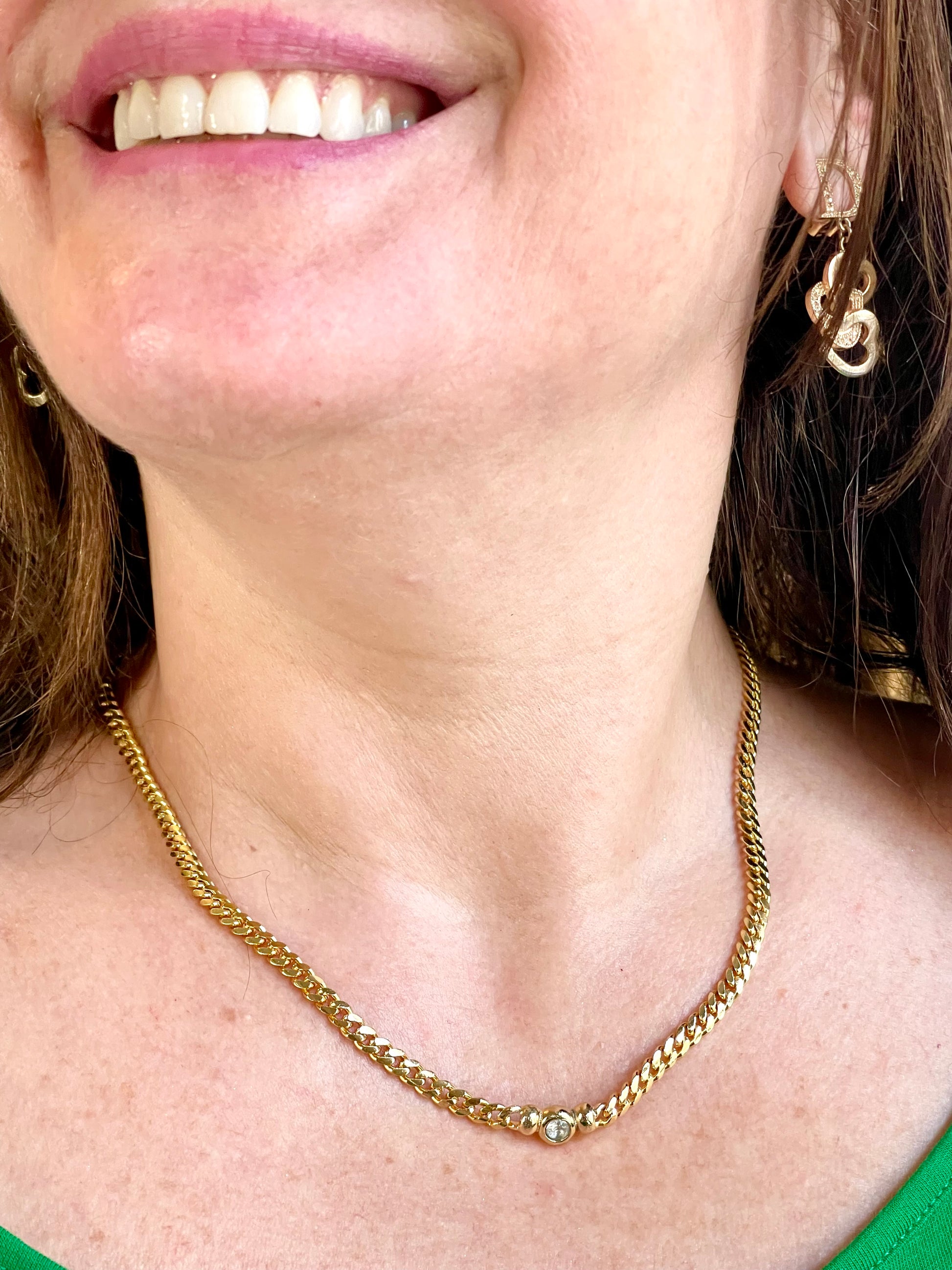 Vintage Christian Dior necklace worn, showcasing elegant gold chain and crystal detail authentic jewelry 