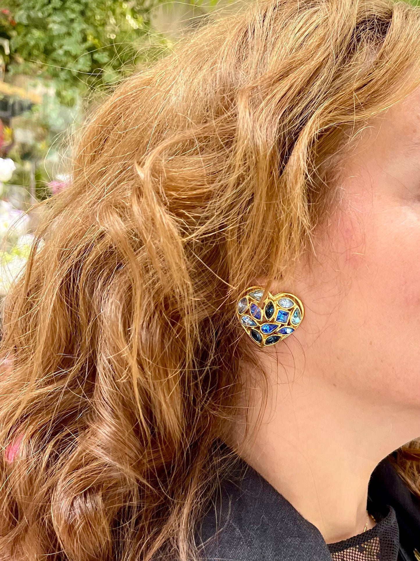 Vintage Yves Saint Laurent Blue Heart Crystal Earrings – Gold Tone