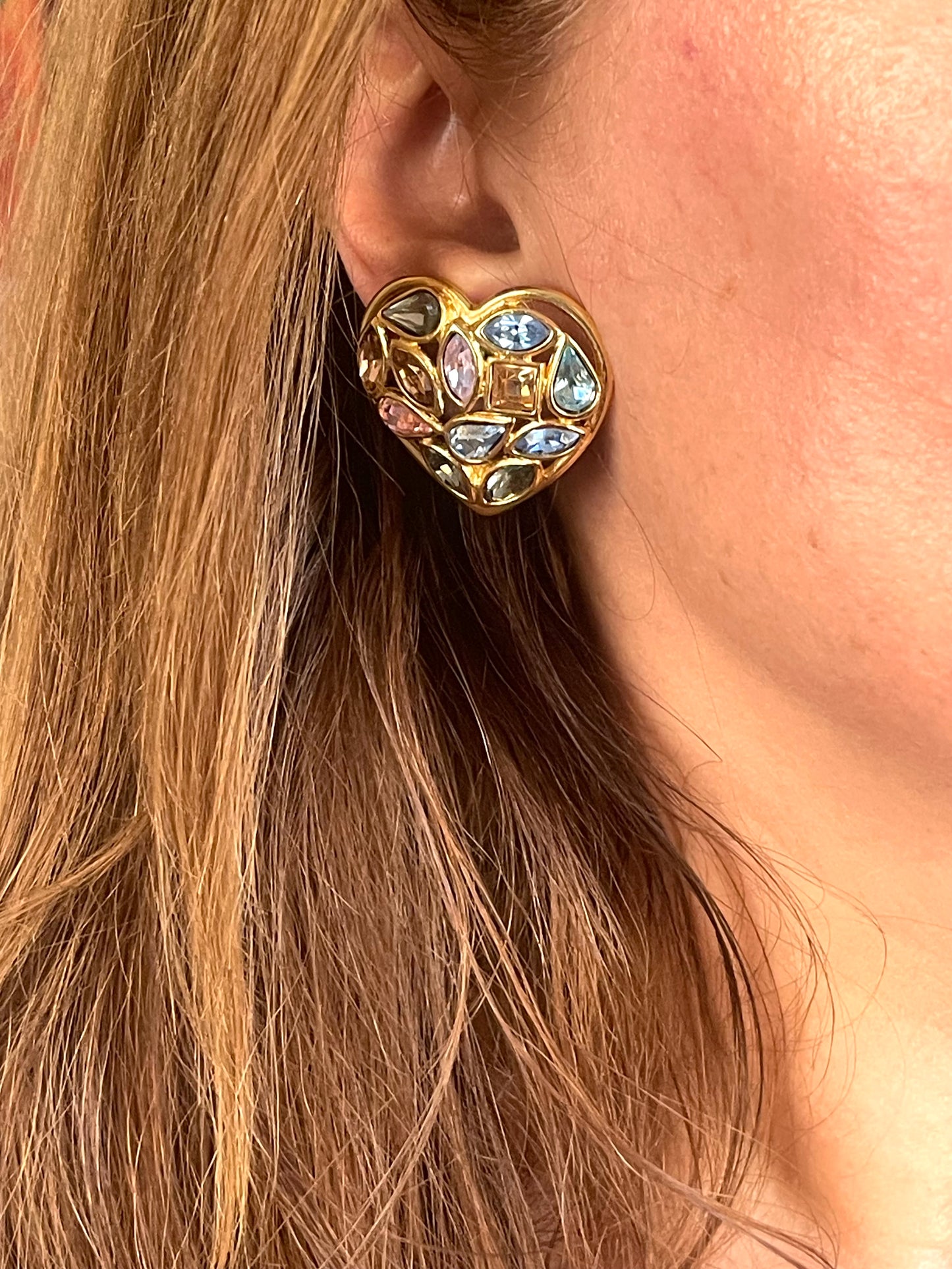 Vintage Yves Saint Laurent Heart Crystal Earrings – Gold Tone