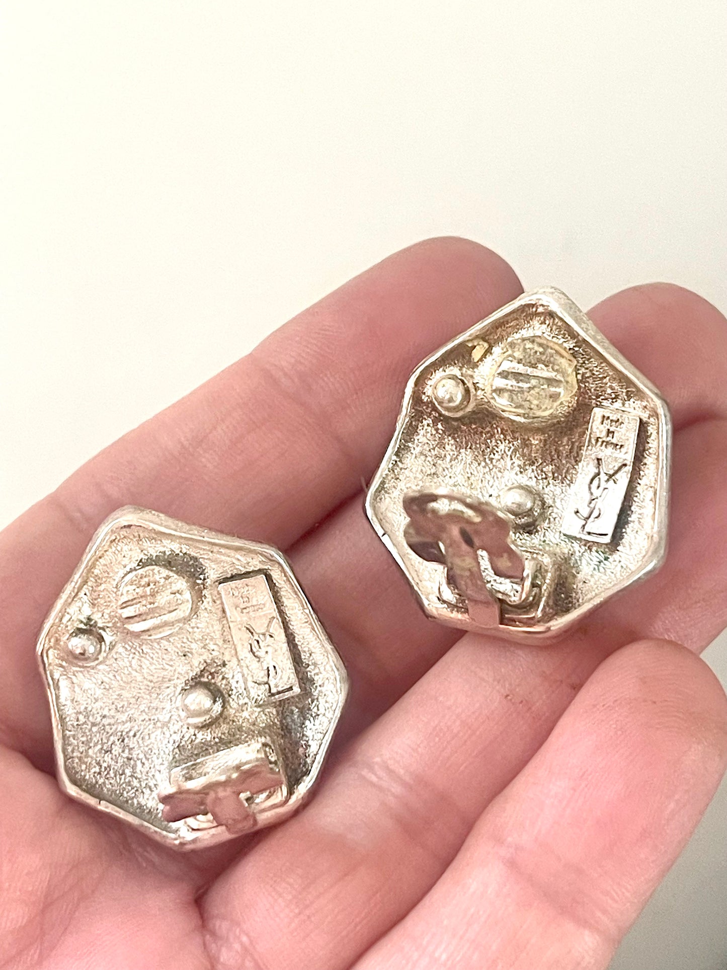 Vintage Yves Saint Laurent Silver Tone Hexagon Logo Clip-On Earrings