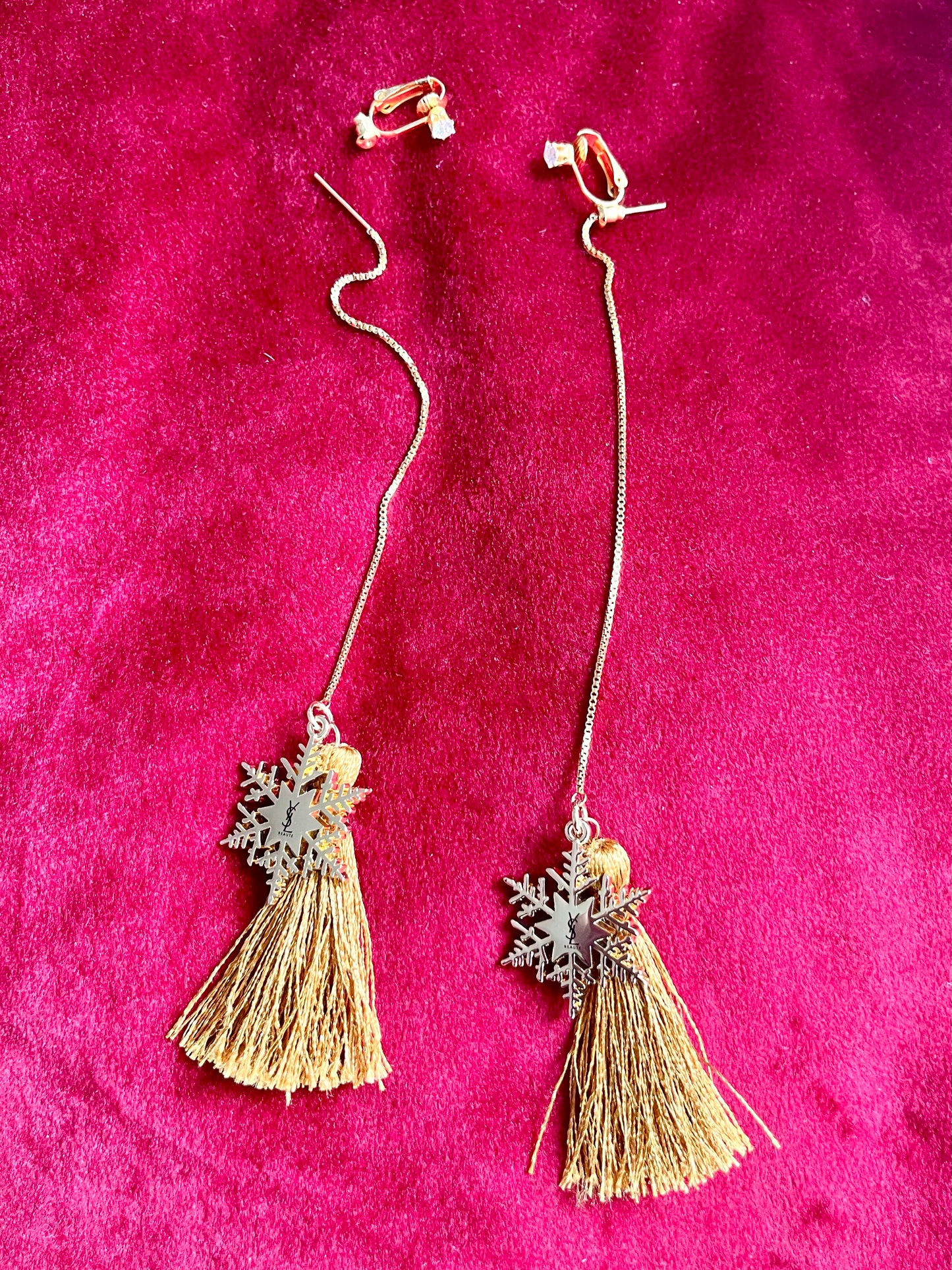 Yves Saint Laurent Signed Snowflake Charm Tassel Earrings – Gold Tone, Upcycled