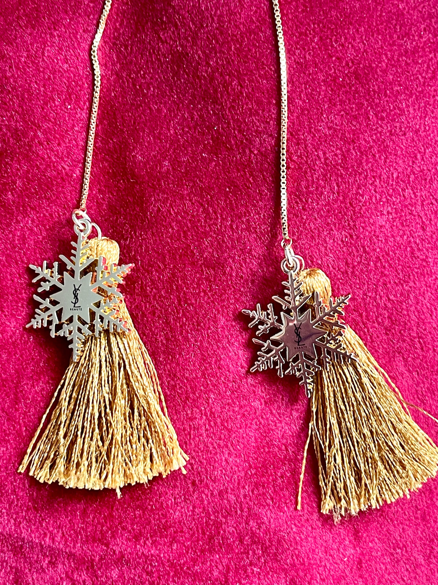 Yves Saint Laurent Signed Snowflake Charm Tassel Earrings – Gold Tone, Upcycled