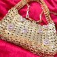 Mini Gold Metal Sparkle Hand Bag Pink Rhinestone Charms Style Paco Rabanne