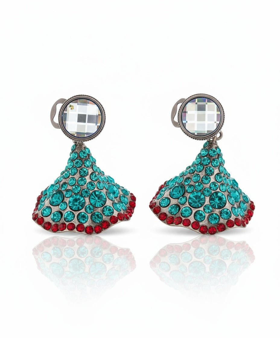 Yves Saint Laurent Rive Gauche Vintage Statement Earrings ,Turquoise & Red Rhinestones Signed, Rare