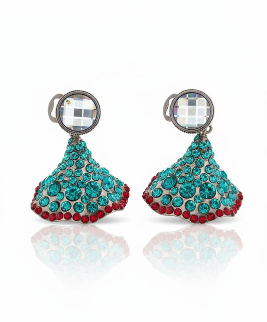 Yves Saint Laurent Rive Gauche Vintage Statement Earrings ,Turquoise & Red Rhinestones Signed, Rare