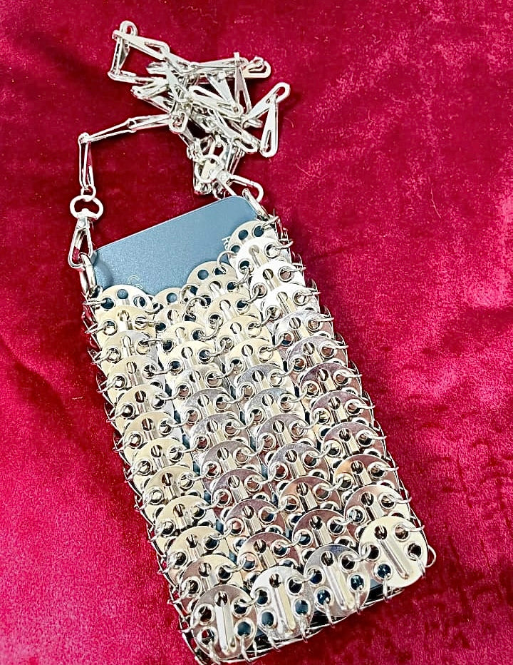 Back view Phone holder silver metal Crystal crossbody bag style Paco Rabanne Sparkle 1969 