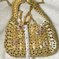 Mini Gold Metal Sparkle Hand Bag Pink Rhinestone Charms Style Paco Rabanne