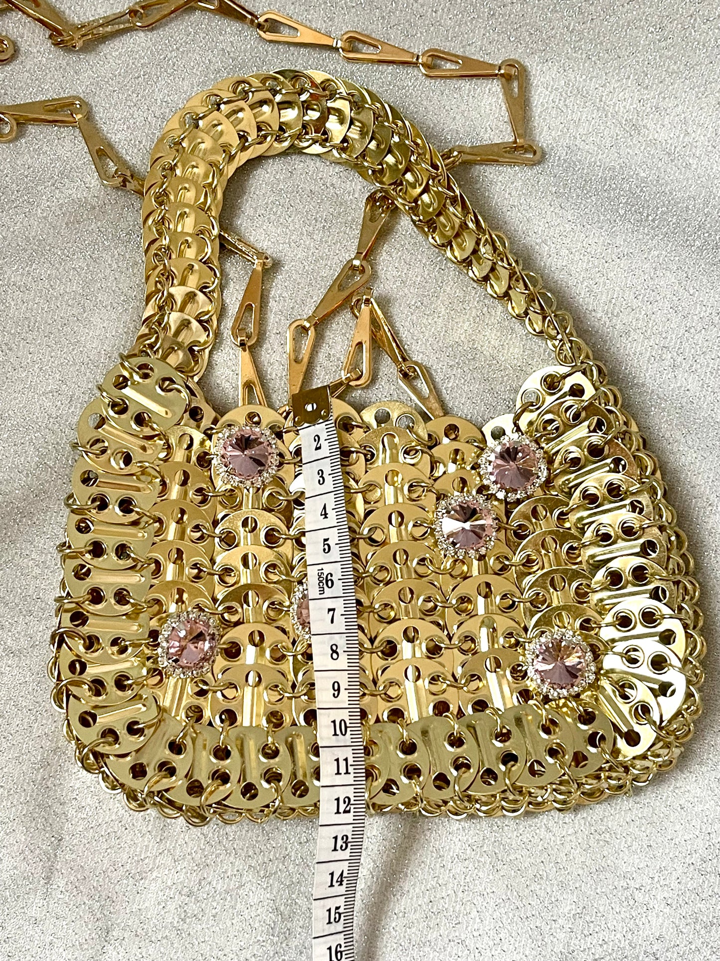 Mini Gold Metal Sparkle Hand Bag Pink Rhinestone Charms Style Paco Rabanne