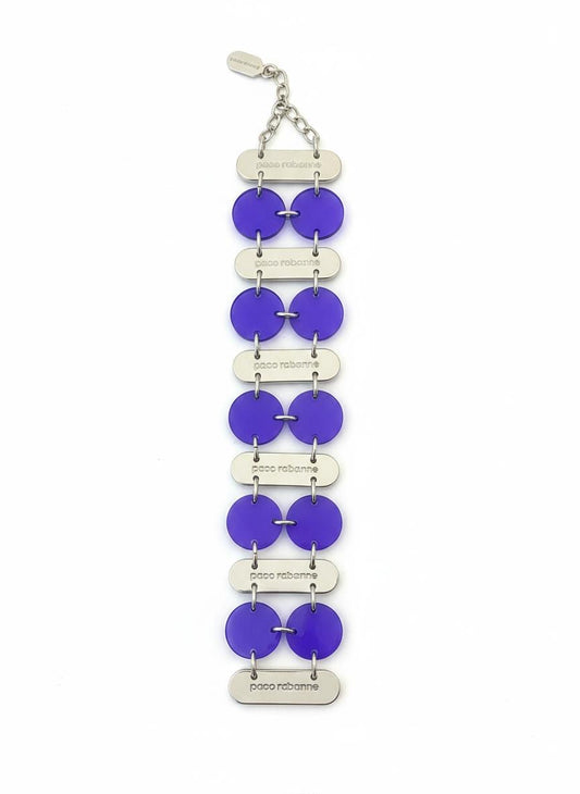 Paco Rabanne Bracelet with purple circular charms and silver accents on a white background