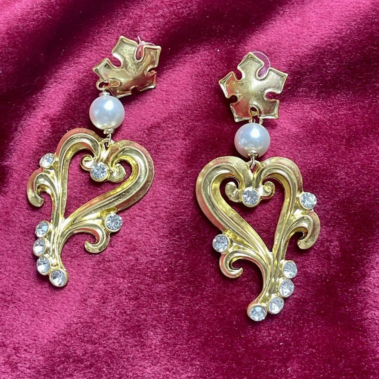 Arty Gold Heart Pearl Rhinestones Earrings Style Vintage Christian Lacroix Yves Saint Laurent