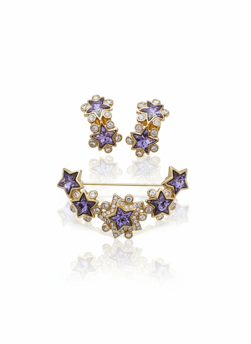 Yves Saint Laurent vintage gold plated brooch earrings stars purple jewelry set - clip-on style