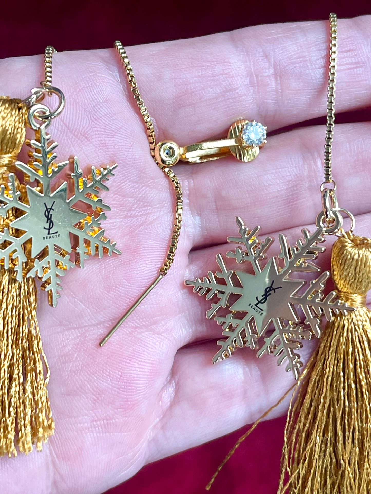 Yves Saint Laurent Signed Snowflake Charm Tassel Earrings – Gold Tone, Upcycled