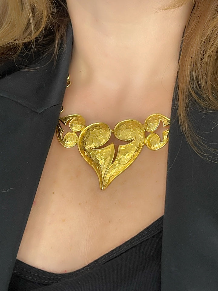 Vintage 80's raro Art Nouveau oro metal corazones collar estilo Christian Lacroix