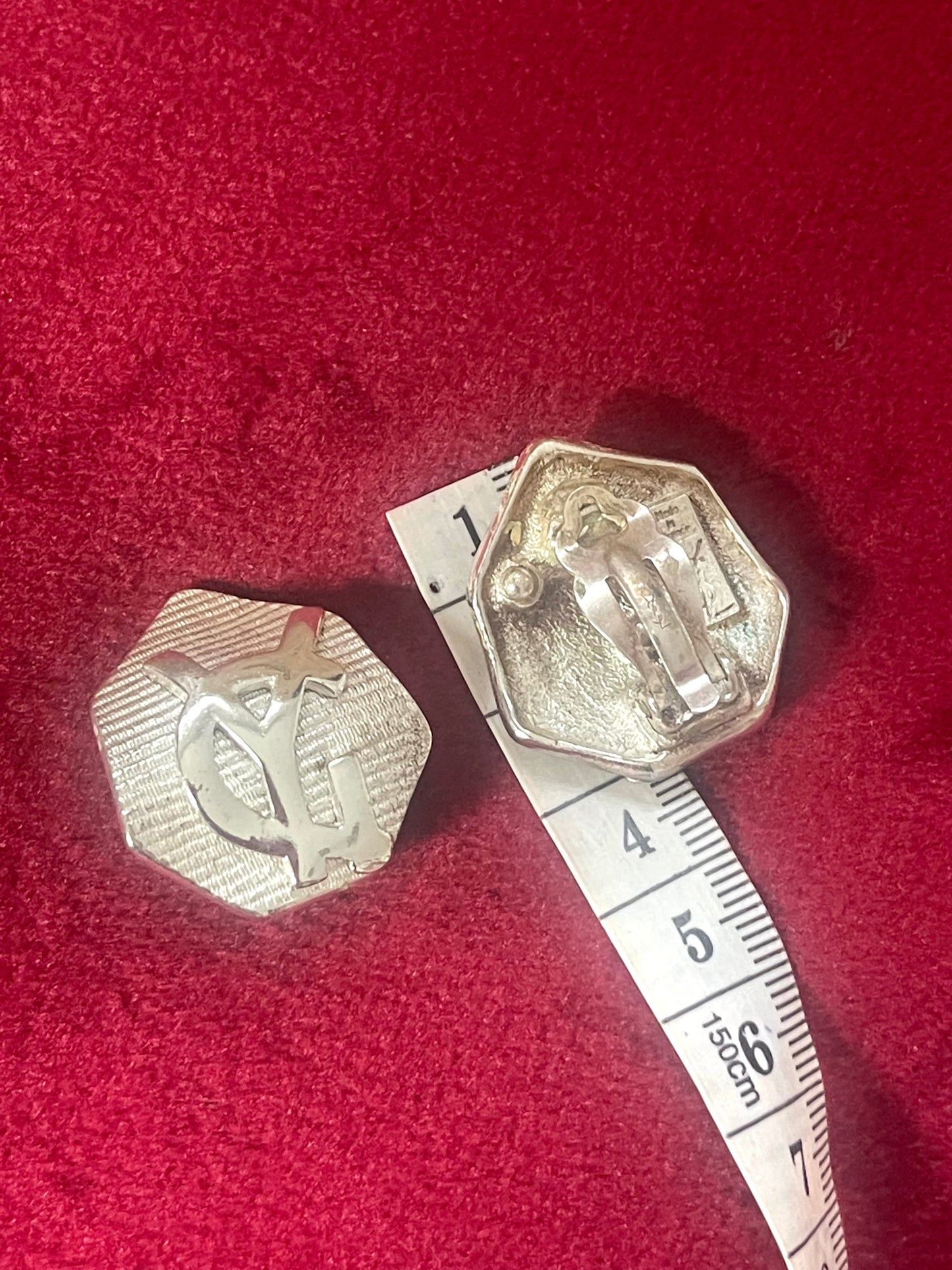 Vintage Yves Saint Laurent Silver Tone Hexagon Logo Clip-On Earrings