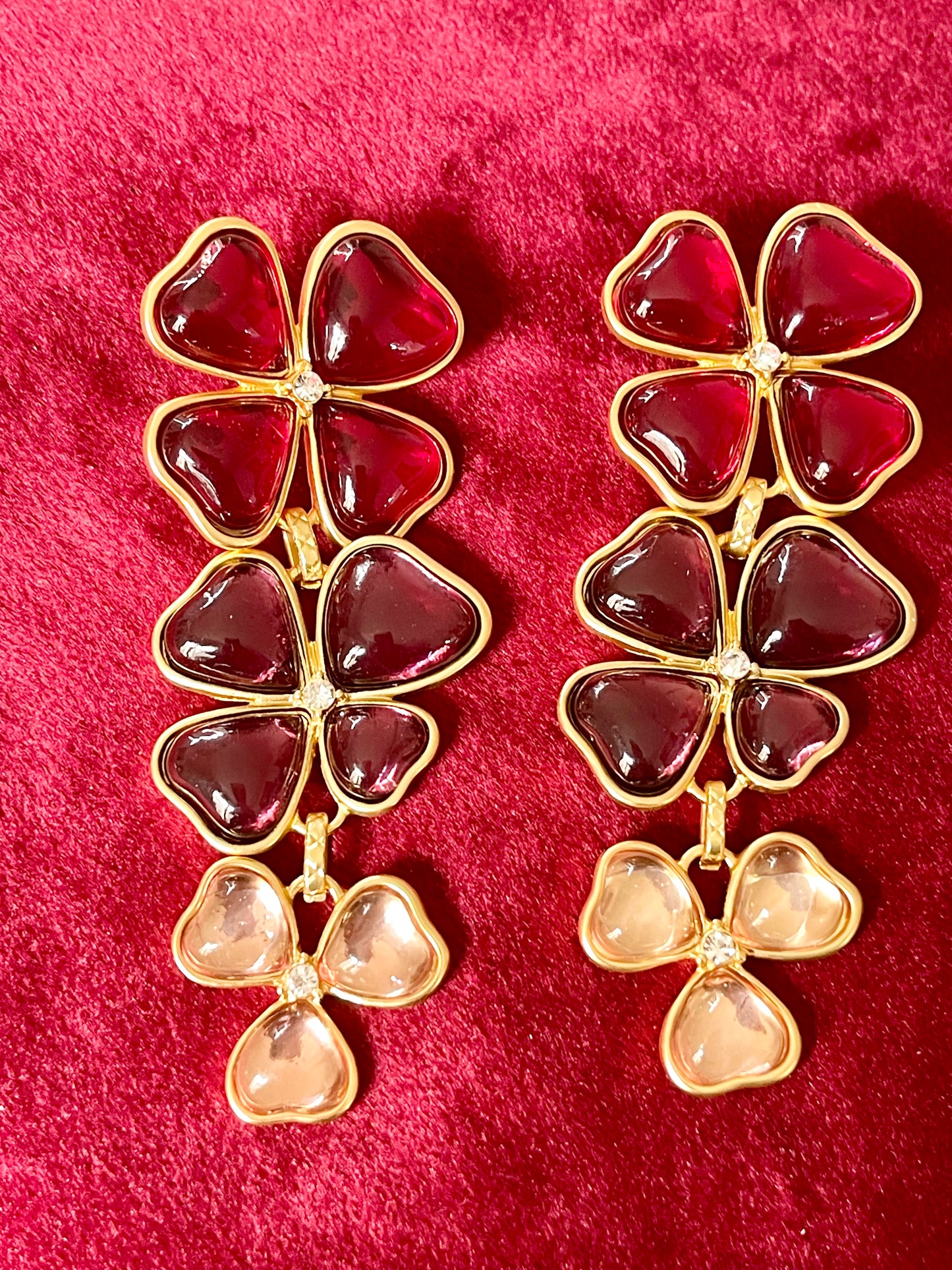 Boucles d'oreilles coeur trèfle déclaration or jaune rouge