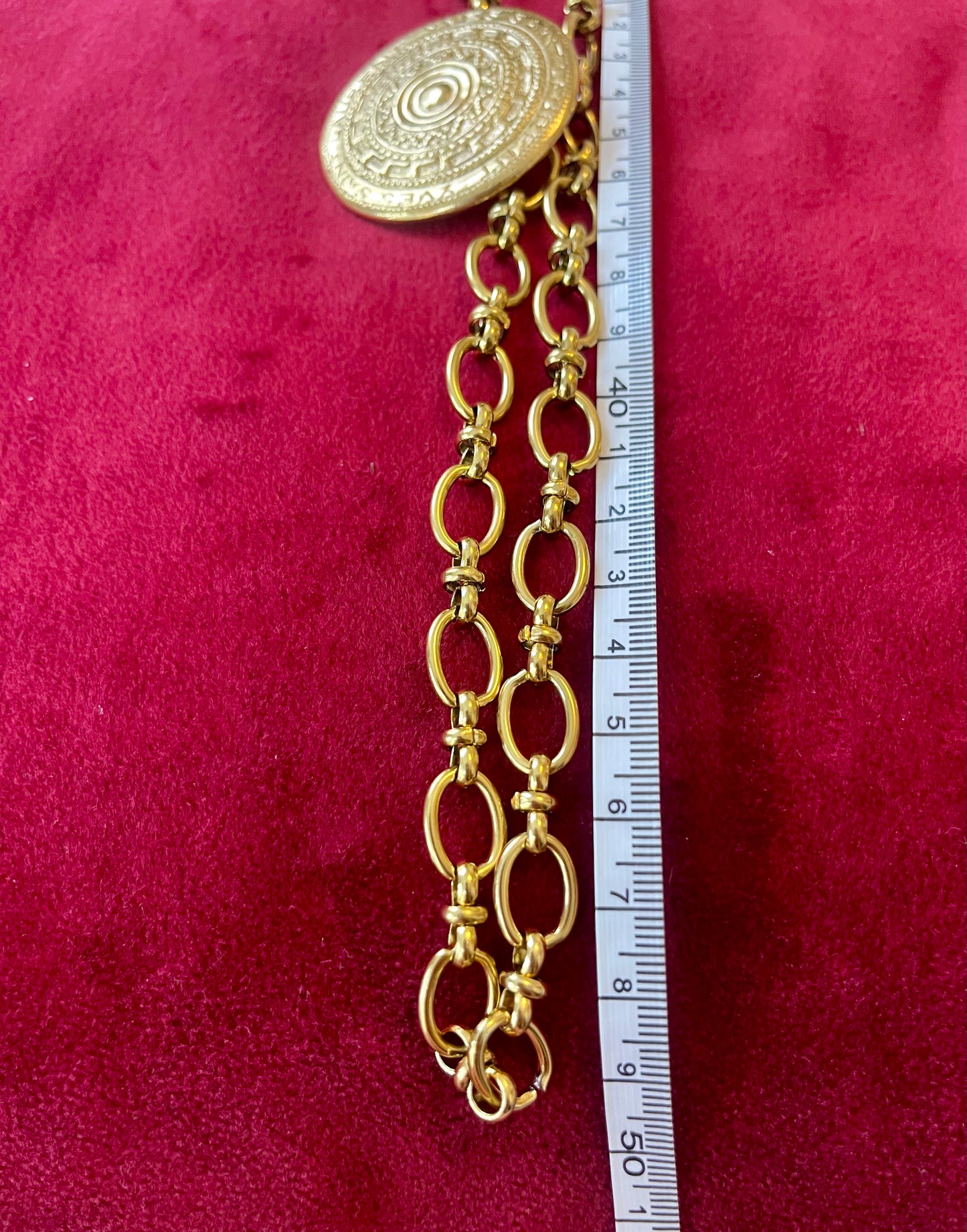 Yves Saint Laurent vintage scarf holder Gold chain necklace measured by ruler 