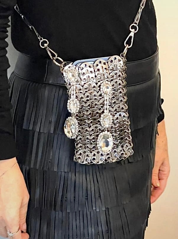 Phone holder silver metal Crystal crossbody bag style Paco Rabanne Sparkle 1969 worn by model 