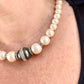 Grey faux pearl white vintage Yves Saint Laurent necklace authentic classic collectible jewelry worn by model associated