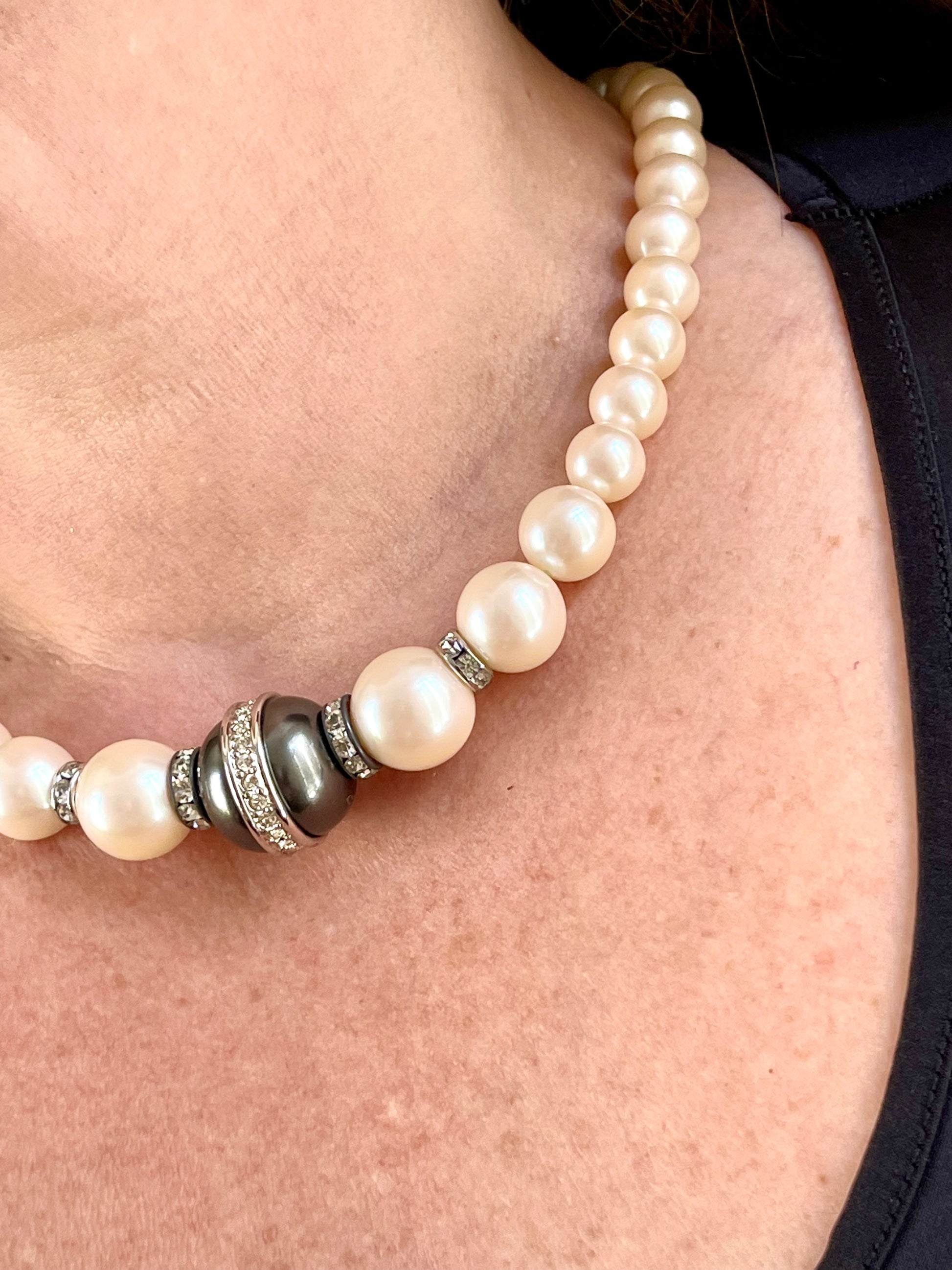 Grey faux pearl white vintage Yves Saint Laurent necklace authentic classic collectible jewelry worn by model associated