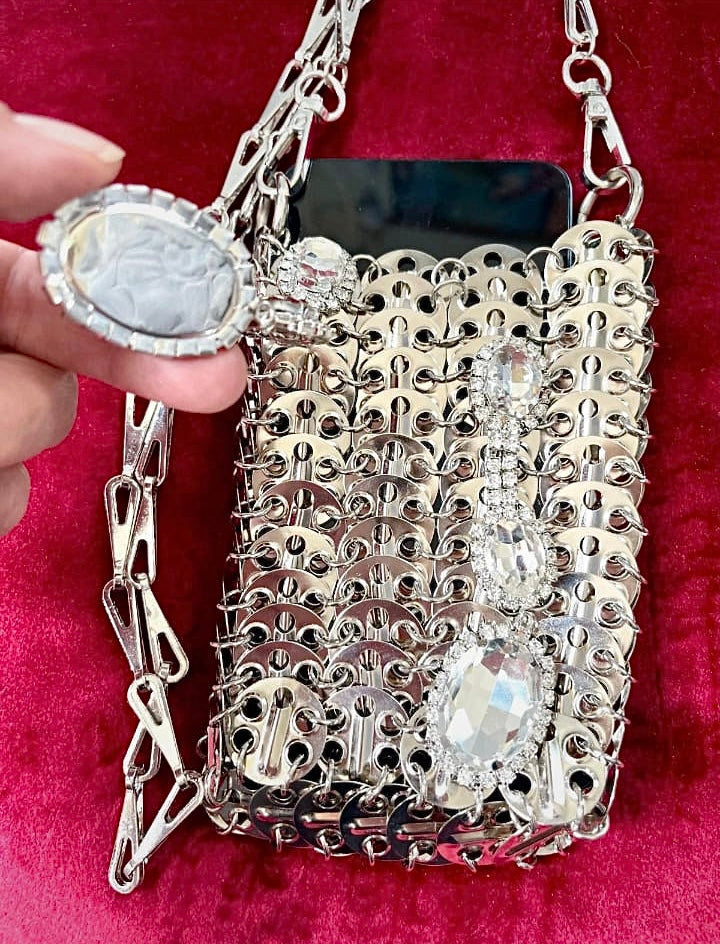 Back view of crystal Phone holder silver metal Crystal crossbody bag style Paco Rabanne Sparkle 1969 