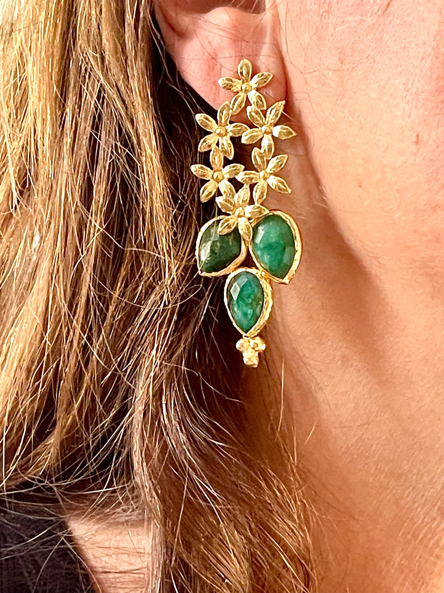 Gold Flower Pendant Earrings Green Agate Stones