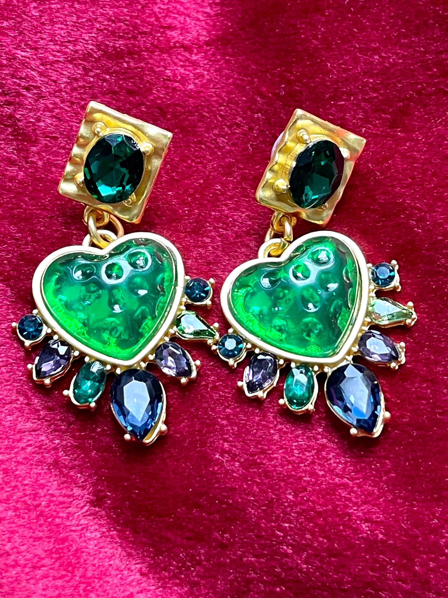 Strong Green Heart Resin Metal Earrings