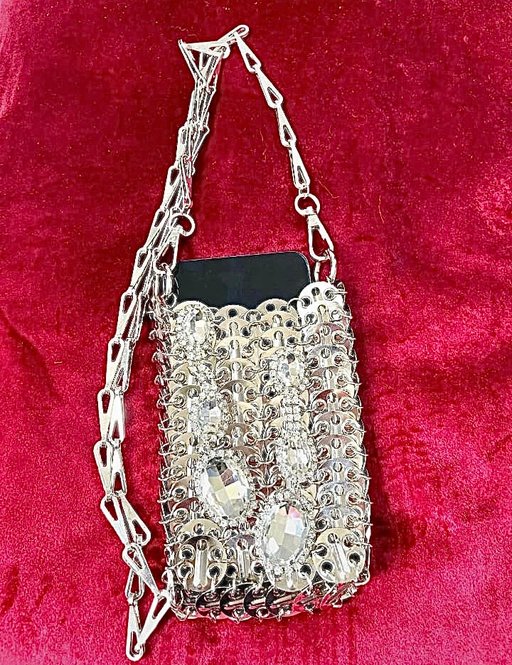 Phone holder silver metal Crystal crossbody bag style Paco Rabanne Sparkle 1969 