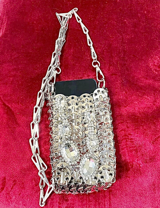 Phone holder silver metal Crystal crossbody bag style Paco Rabanne Sparkle 1969 