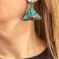 Close-up of Yves Saint Laurent Rive Gauche vintage statement earrings with turquoise and red rhinestones worn by model showing the imperfections left side 