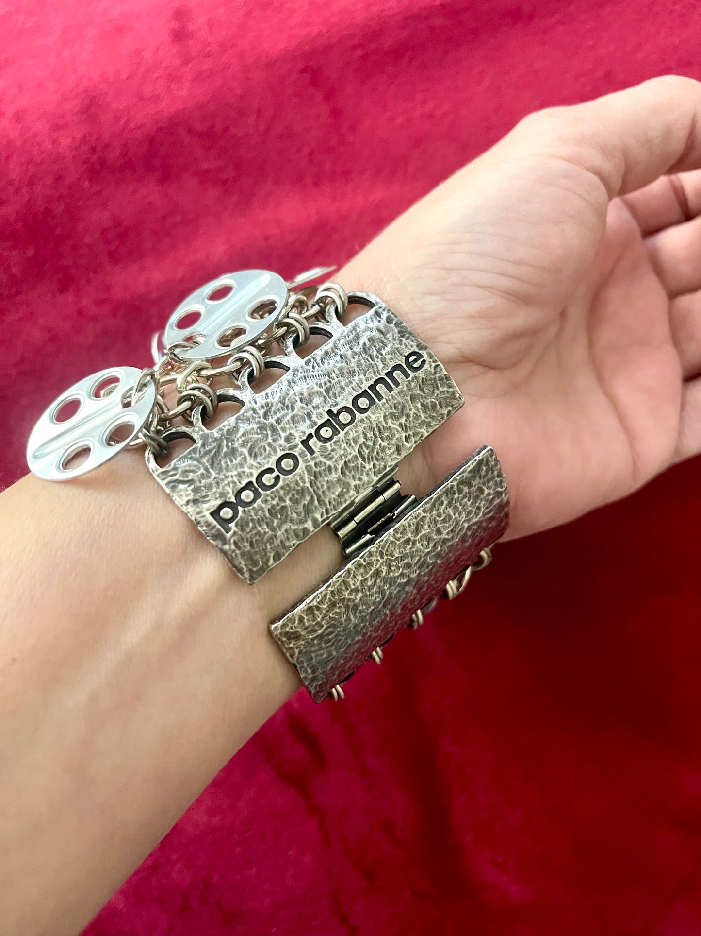 Worn on hand Vintage silver-tone Paco Rabanne bracelet clasp detail