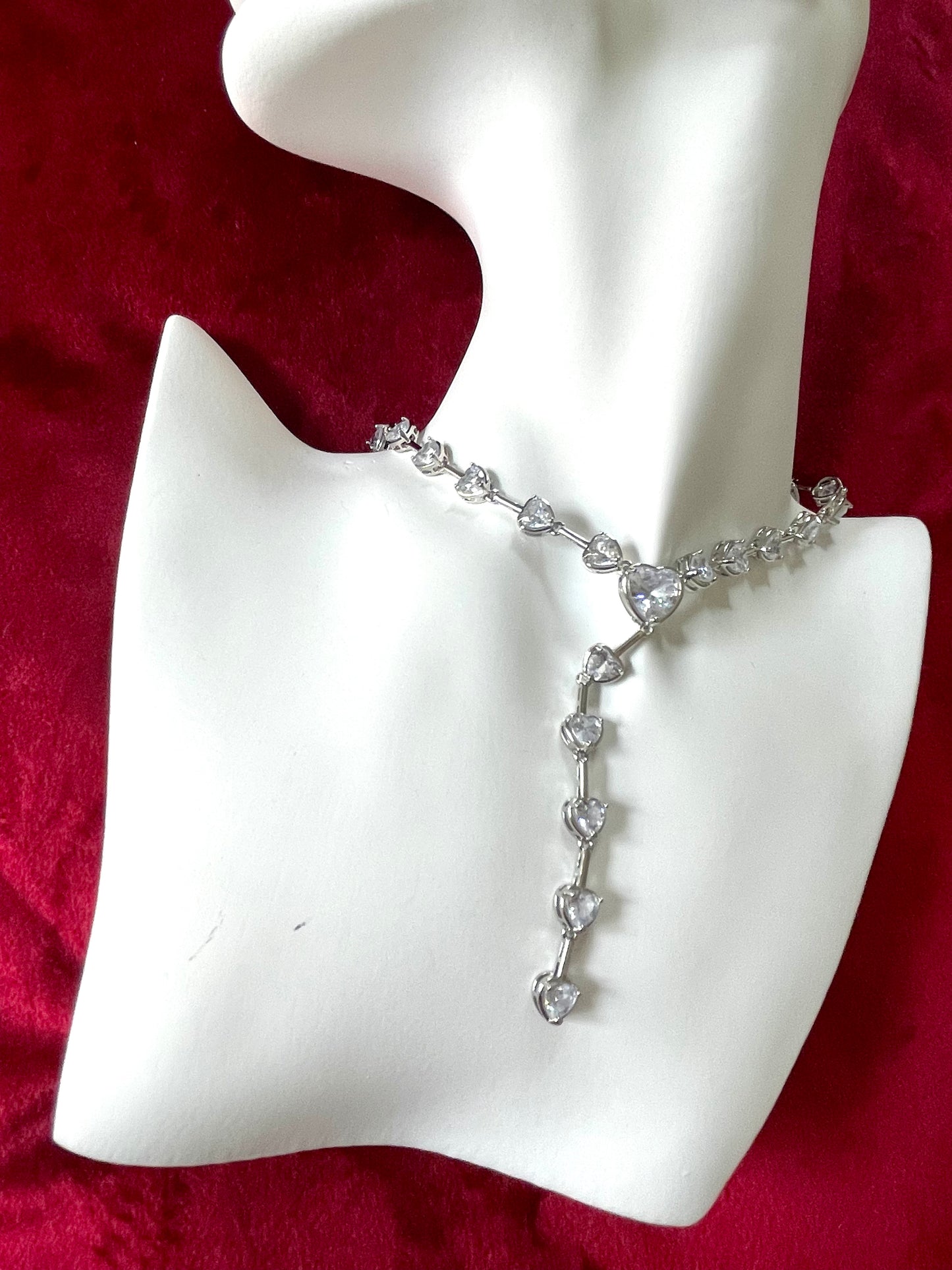 Long Silver Rhinestones Heart Necklace Bracelet Set