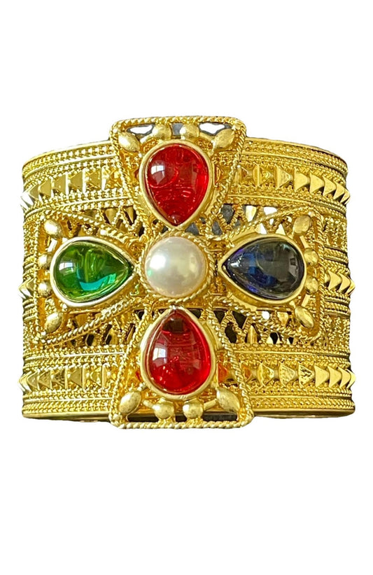 Statement Haute Couture Gold Plated Metal Cuff Colored Beads Vintage Design 90’s