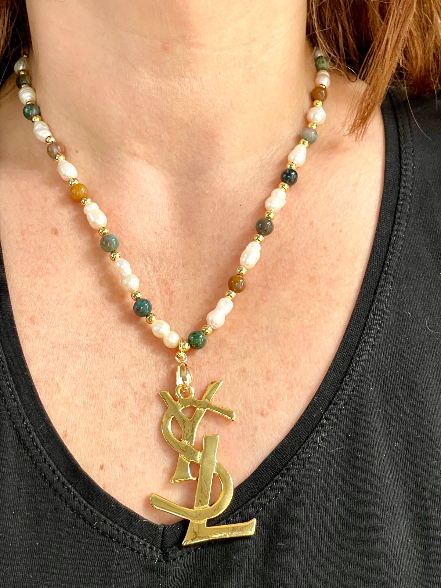 YSL Refurbished Enameled Gold Vintage Charm Pendant Pearl Necklace