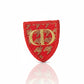 Red embroidered Dior patch pin brooch with gold design on a white background