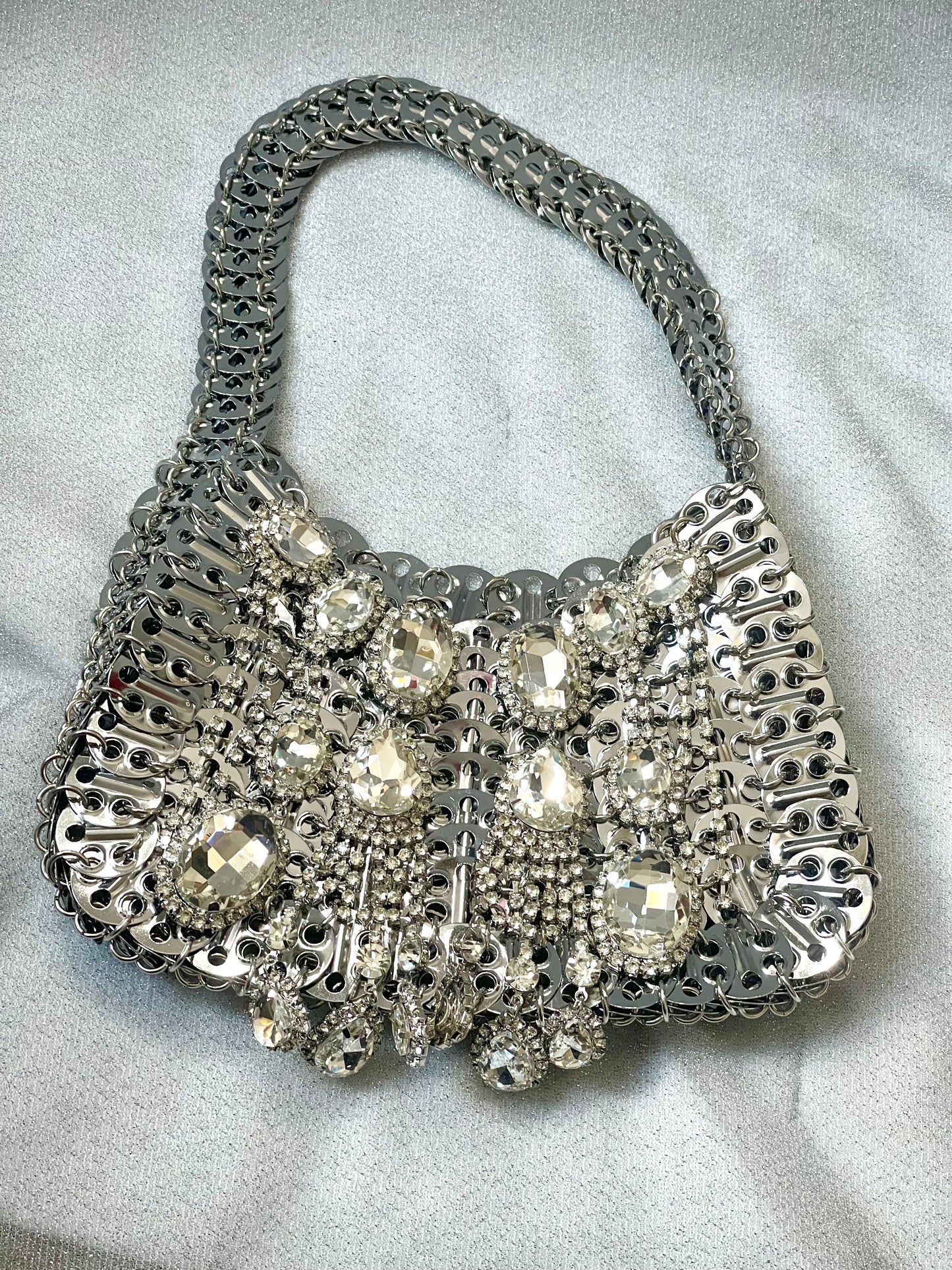 Large Metal Shoulder Bag Crystal Charms Brooches Style Paco Rabanne