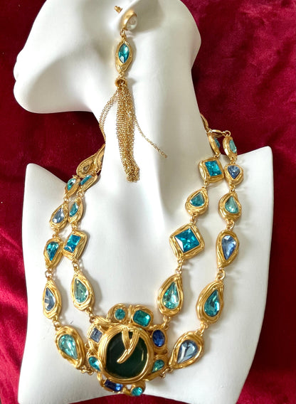 Necklace Remake 90’s Vintage Design Statement Gold Plated Blue Glass Crystals