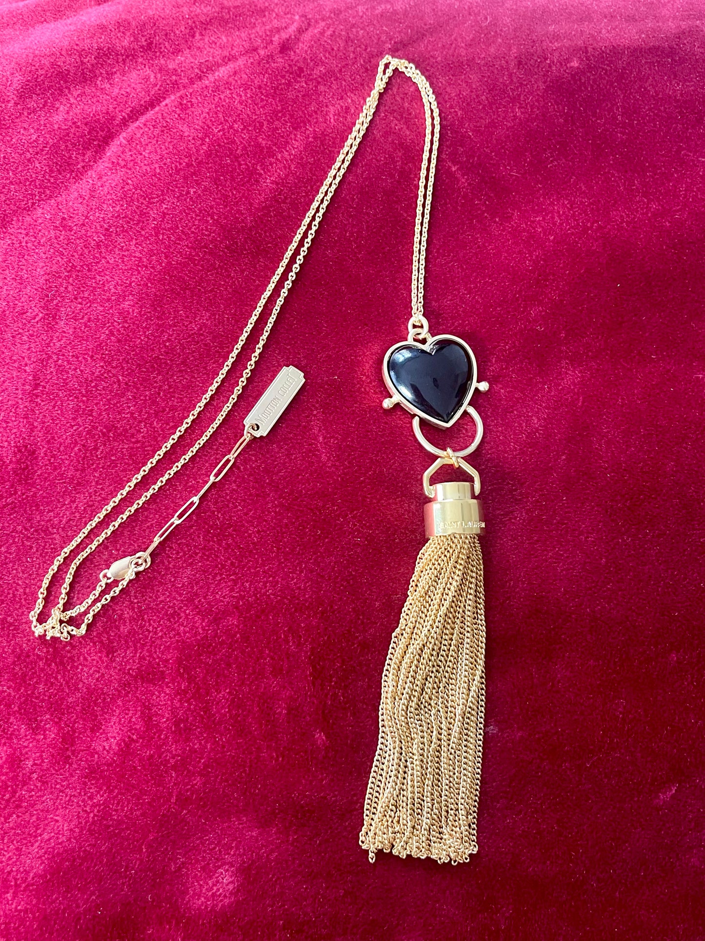 Mutton Collet Black Resin Heart Necklace with Attached Saint Laurent Tassel Charm