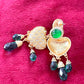 Boucles d'oreilles pendantes coeur vert strass or mat style vintage