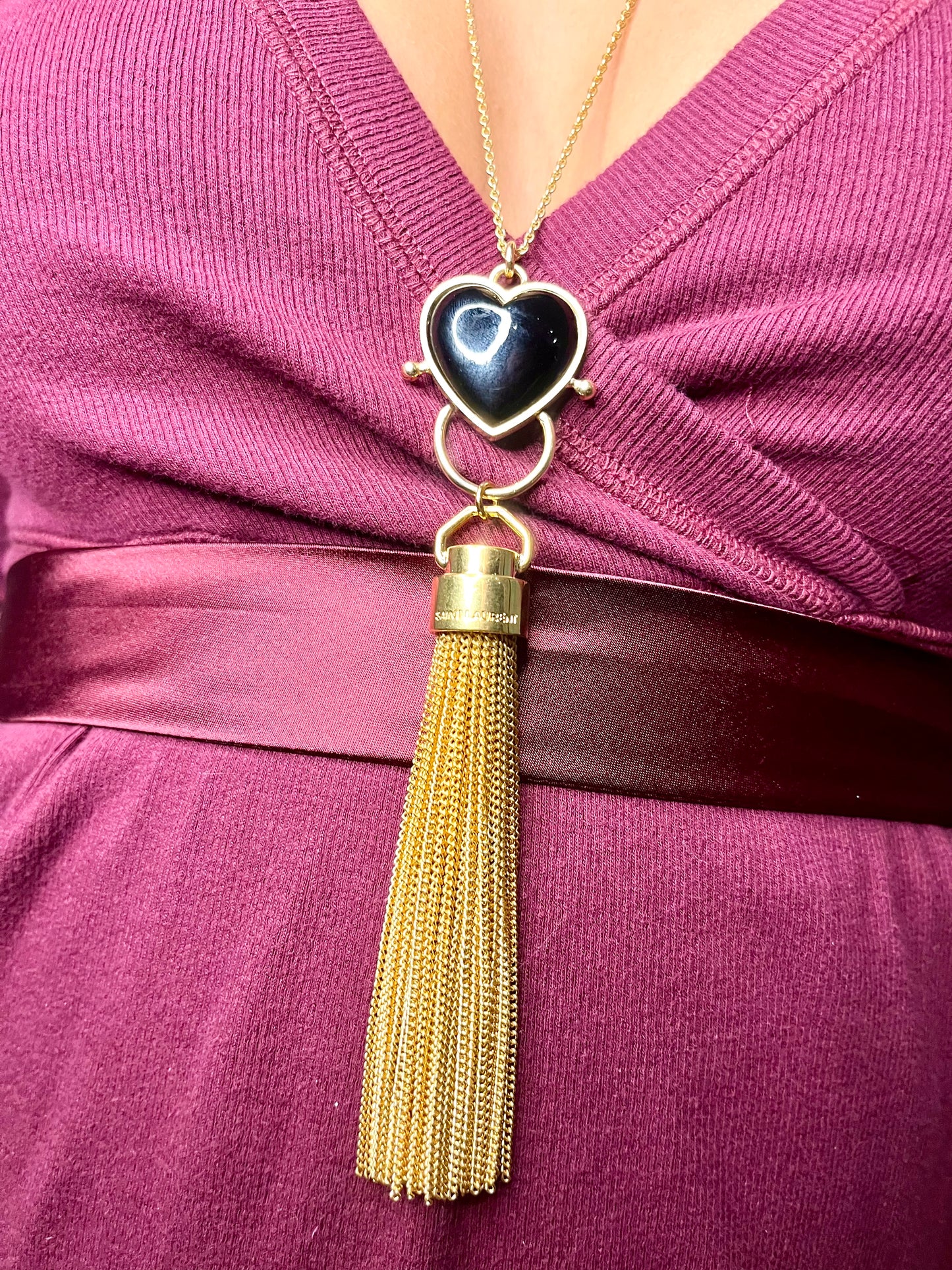 Mutton Collet Black Resin Heart Necklace with Attached Saint Laurent Tassel Charm