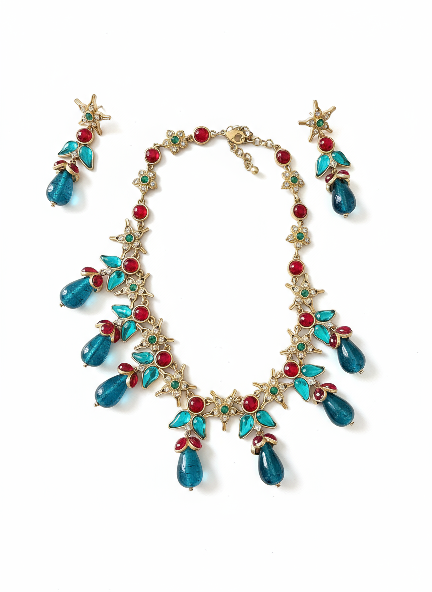 Green & red statement jewelry set style Yves Saint Laurent earrings necklace on a white background 